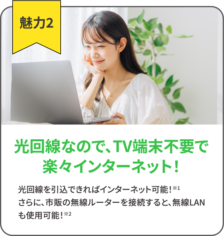 魅力2 光回線なので、TV端末不要で楽々インターネット！
